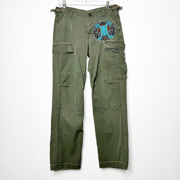DA-NANG Cargo Dragon Floral Embroidered Pants Green Y2K Low Rise Small - Picture 1 of 11